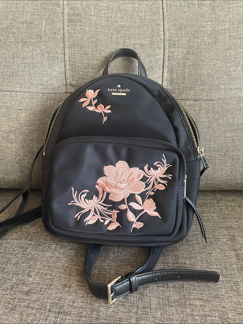 Kate Spade Black Mini Backpack with Pink Floral Embroidery Design